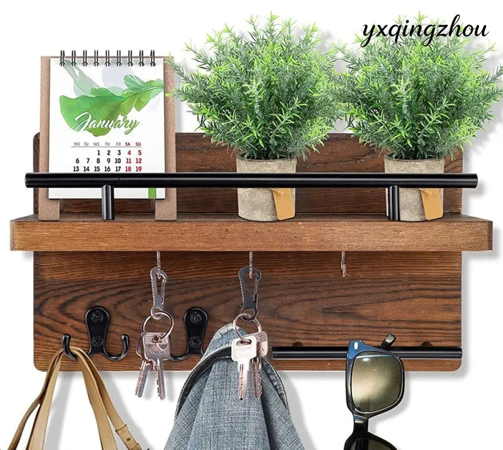 Rustic Wooden Wall Shelf - Wood Grain Color / 32x18cm